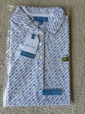 Masters Magnolia Lane White Golf Polo with Navy & Light Purple Chain Pattern